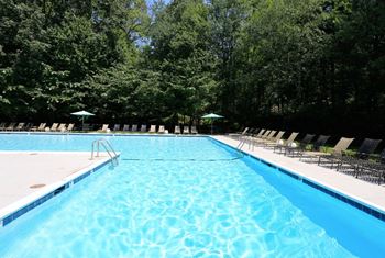 a swimming pool with chaise lounge chairs and trees in the background at Ellicott Grove, Ellicott City, MD 21043
